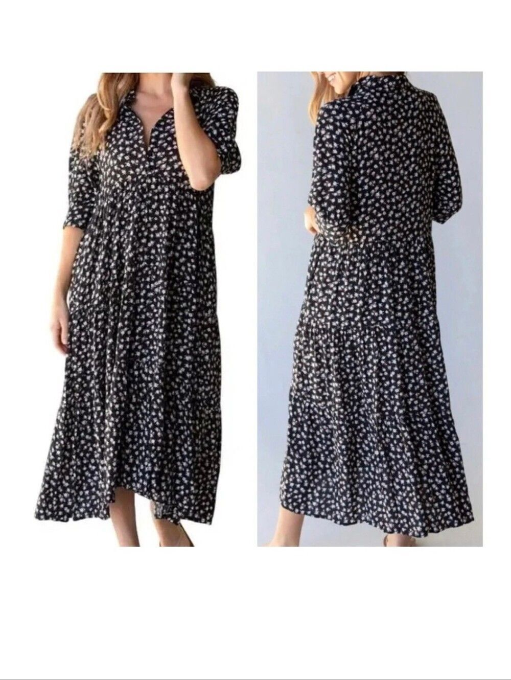 Natural Life Midi Maxi Dress Floral Boho Short Sleeve Tiered Black Rayon XL